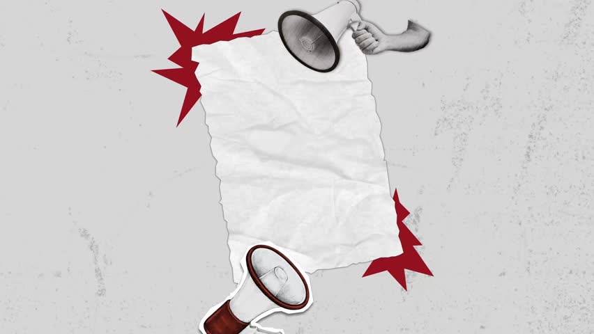 Trendy Halftone Collage Hand holds Phone with Megaphone. Find information. Online hiring job. SEO marketing and promotion. Contemporary vector illustration art