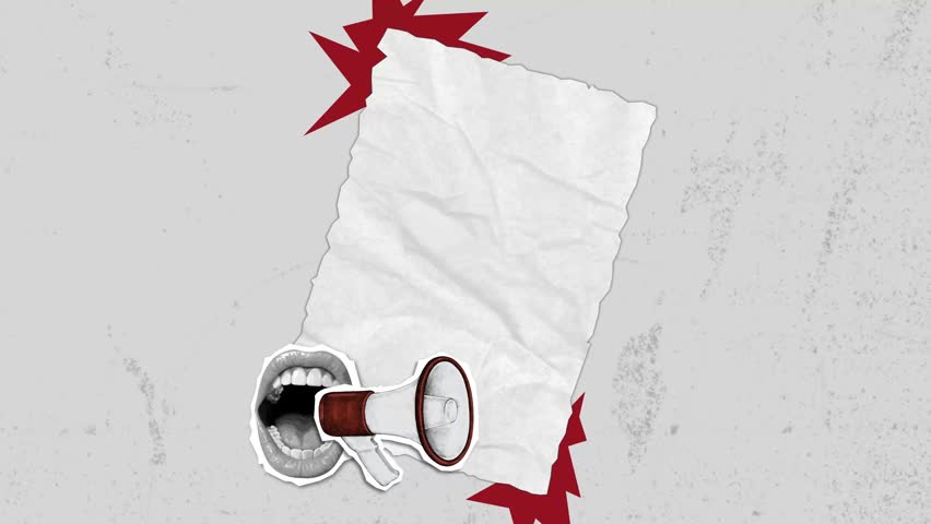 Trendy Halftone Collage Hand holds Phone with Megaphone. Find information. Online hiring job. SEO marketing and promotion. Contemporary vector illustration art