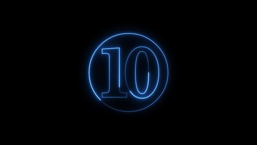 Dynamic neon number 10 glowing blue, circle frame, black screen background, motion graphic.