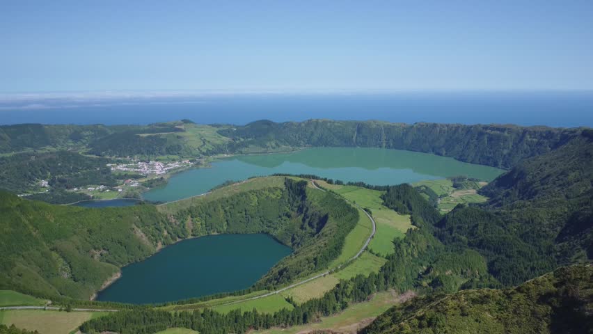 Majestic volcanic crater lakes sete cidades, also known as blue and green lake, in sao miguel, azores