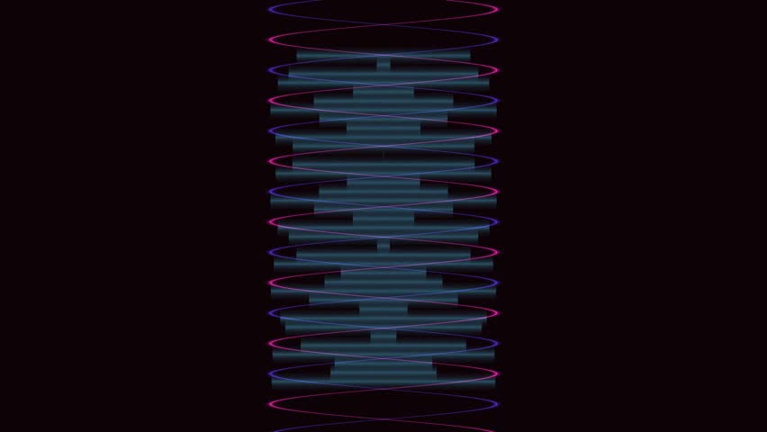 A vertical neon coil spirals around a central column in a dark scene with subtle blue lighting and magenta accents, creating a calm and futuristic mood as the rings ascend and descend around the core.