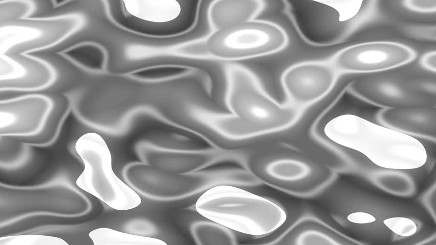 A close up of flowing iridescent shapes and blobs in a smooth grayscale surface with soft highlights and gentle motion