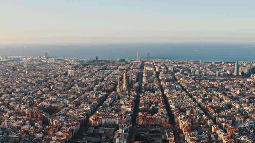 Aerial view of Barcelona Eixample neighborhood city blocks. Aerial view of a comfortable urban district in Barcelona