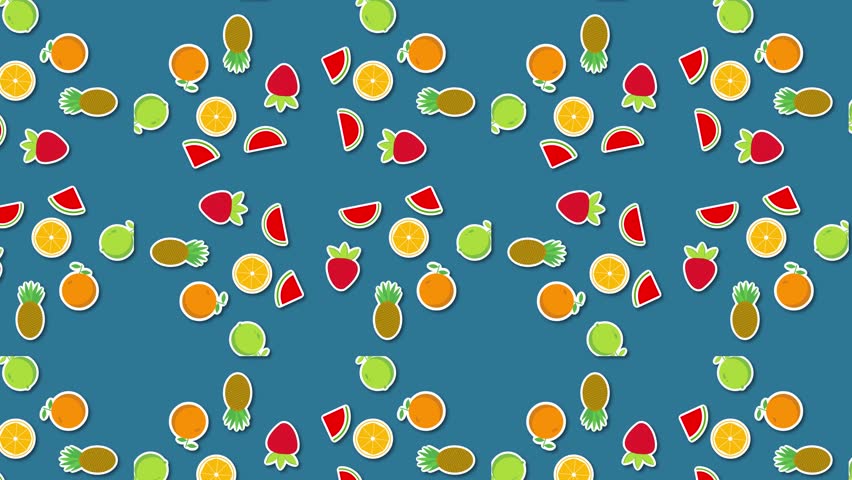 Playful And Vibrant Seamless Repeating Pattern Of Cartoon Fruit Stickers Including Orange Slices, Strawberries, Watermelon, And Pineapples With White Outlines On A SOLID Blue Background, Bright Flat Vector Graphic Illustration.