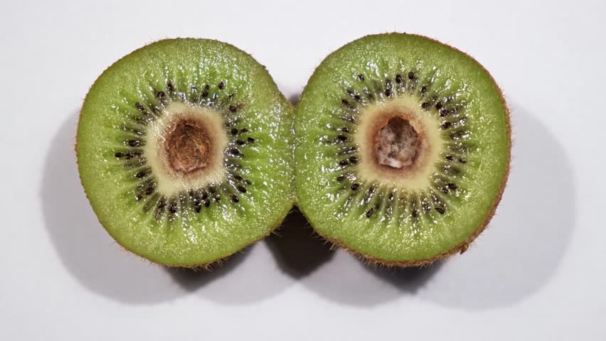 Close-up one fresh kiwi is cut in half on a white background. Rot in the center of the fruit. A spoiled product. Mold inside. Top view. Bad condition. Pareidolia - wide-open surprised eyes. Like face.
