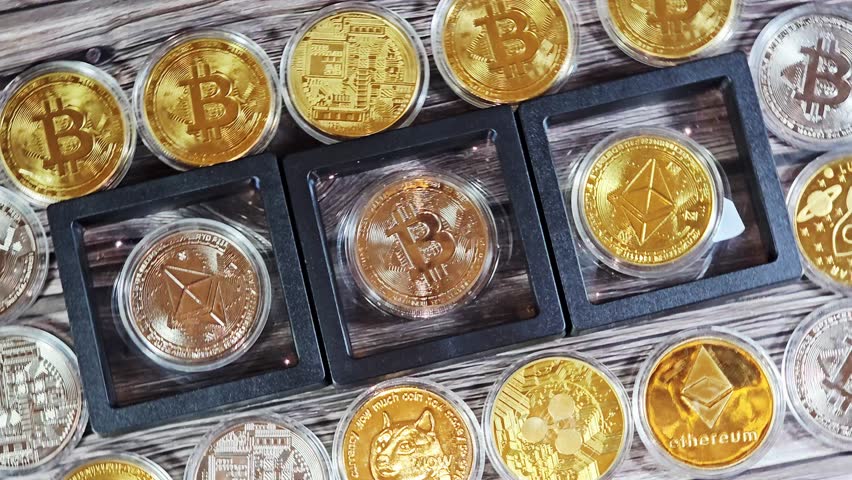 a variety of physical cryptocurrency commemorative coins, featuring tokens of Bitcoin BTC, Ethereum ETH, Ripple XRP, Dogecoin and Stellar XLM, collectible novelty items