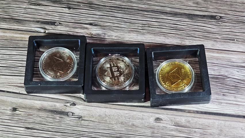 Three physical gold, silver Ethereum coins and silver bitcoin, Bitcoin (BTC) is the world
