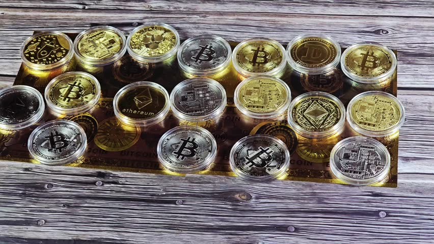 closeup of gold plated bitcoin note and physical cryptocurrency commemorative coins, tokens of Bitcoin BTC, Ethereum ETH, Ripple XRP, Dogecoin, Stellar XLM, collectible novelty items
