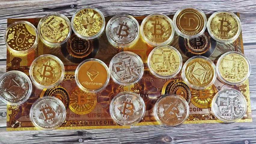 gold plated bitcoin note and physical cryptocurrency commemorative coins, tokens of Bitcoin BTC, Ethereum ETH, Ripple XRP, Dogecoin, Stellar XLM, collectible novelty items