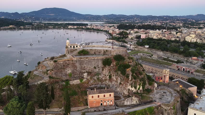Corfu old fortress panoramic aerial view at evening