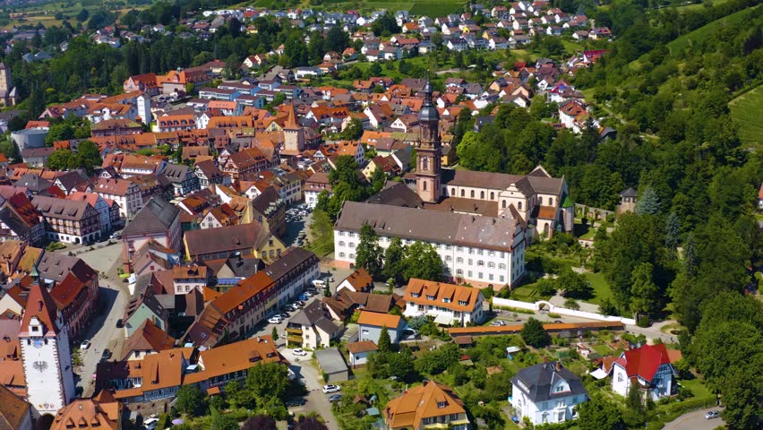  Aerial view of the old town and city Gengenbach in the black forest in south Germany on a sunny noon in summer 
