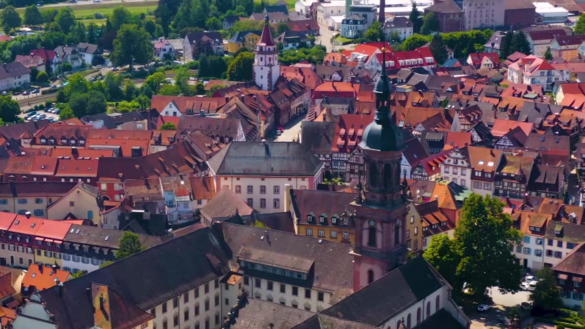  Aerial view of the old town and city Gengenbach in the black forest in south Germany on a sunny noon in summer 