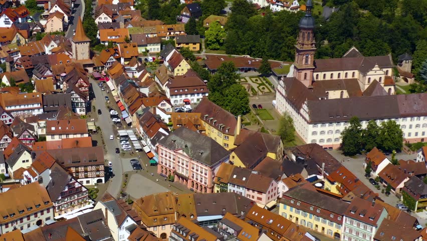  Aerial view of the old town and city Gengenbach in the black forest in south Germany on a sunny noon in summer 
