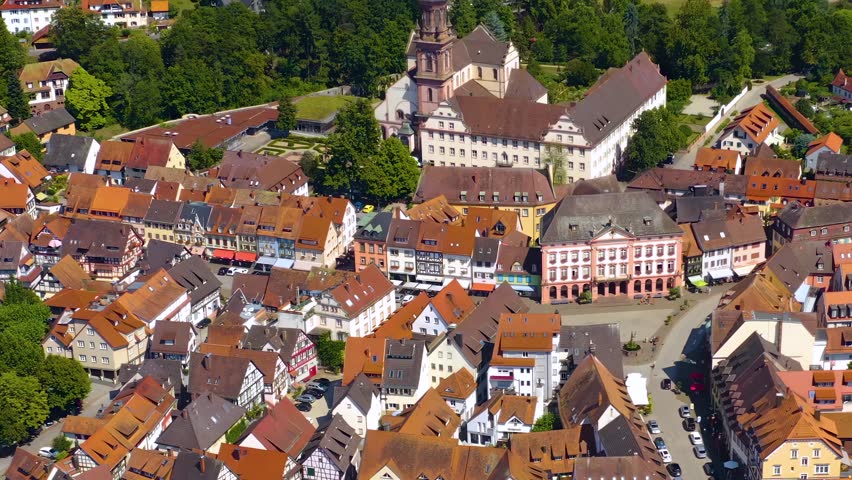  Aerial view of the old town and city Gengenbach in the black forest in south Germany on a sunny noon in summer 