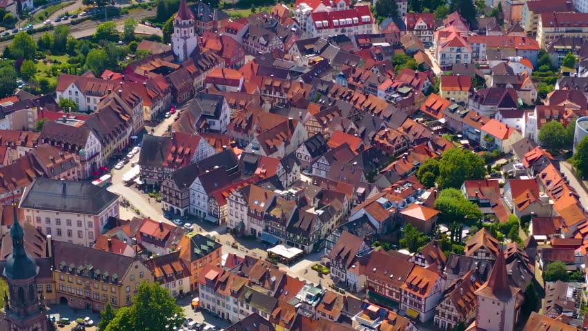  Aerial view of the old town and city Gengenbach in the black forest in south Germany on a sunny noon in summer 