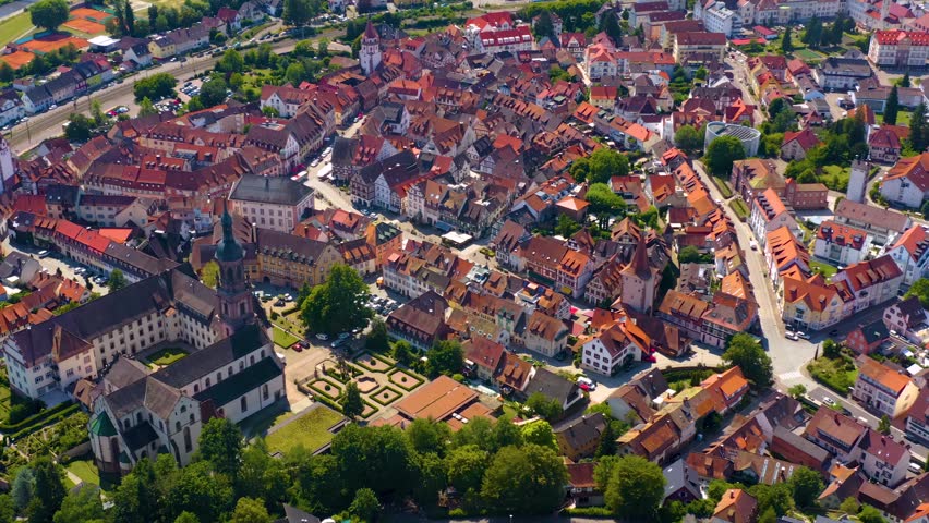  Aerial view of the old town and city Gengenbach in the black forest in south Germany on a sunny noon in summer 