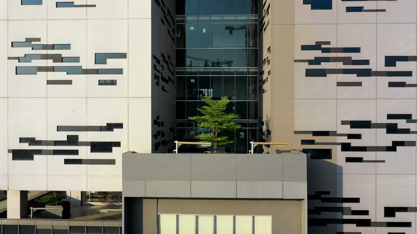 Symmetrical aerial view of a modern building facade and architectural entrance design.