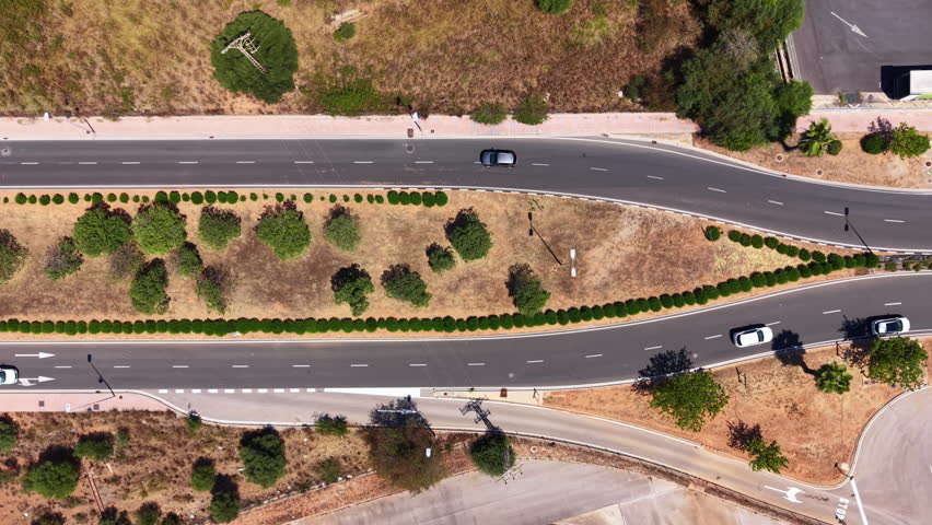 Overhead top-down view of a multi-lane urban highway intersection with cars and a semi truck, surrounded by dry landscaping, trimmed shrubs, and scattered trees
