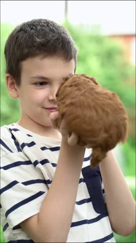 A cute boy holds a fluffy brown puppy in his hands outdoors. This heartwarming moment captures the childhood bond with an adorable pet dog in nature.