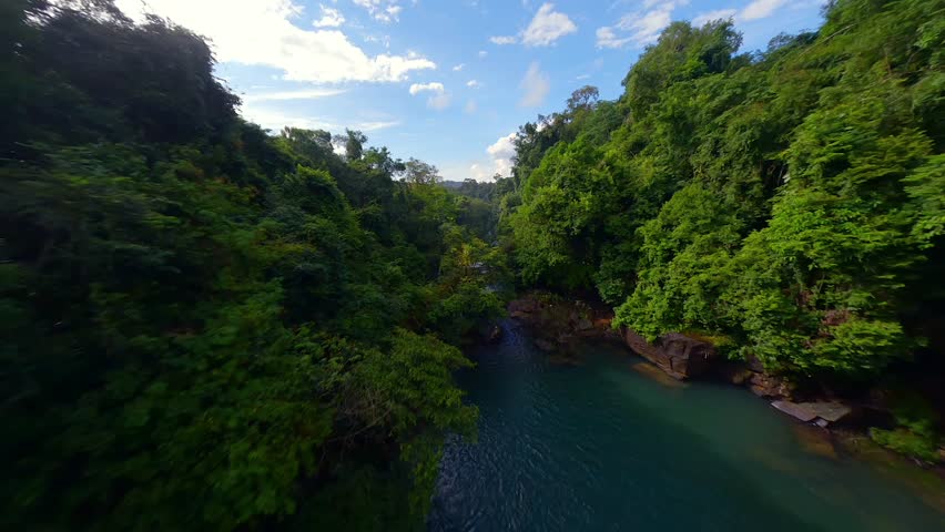 Cinematic FPV drone flight above a tropical jungle river surrounded by lush rainforest and dense vegetation in Thailand. Scenic aerial view of wild nature and untouched landscape.