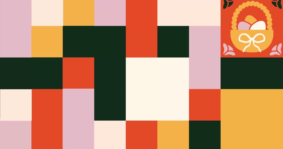 Geometric Easter motion graphics. Cute repeating background with bunny, carrot, basket of Easter eggs, spring flowers and baby chick. Festive design for social media. Flat animated cartoon