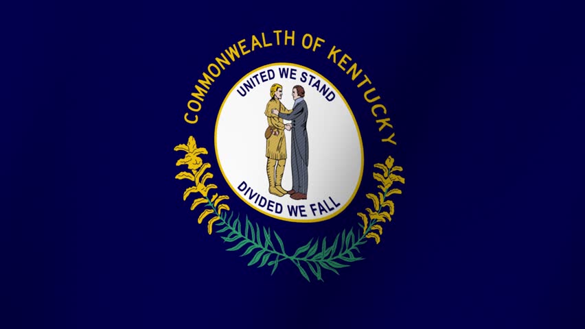 Flag of the Commonwealth of Kentucky featuring two men shaking hands and state motto United We Stand Divided We Fall