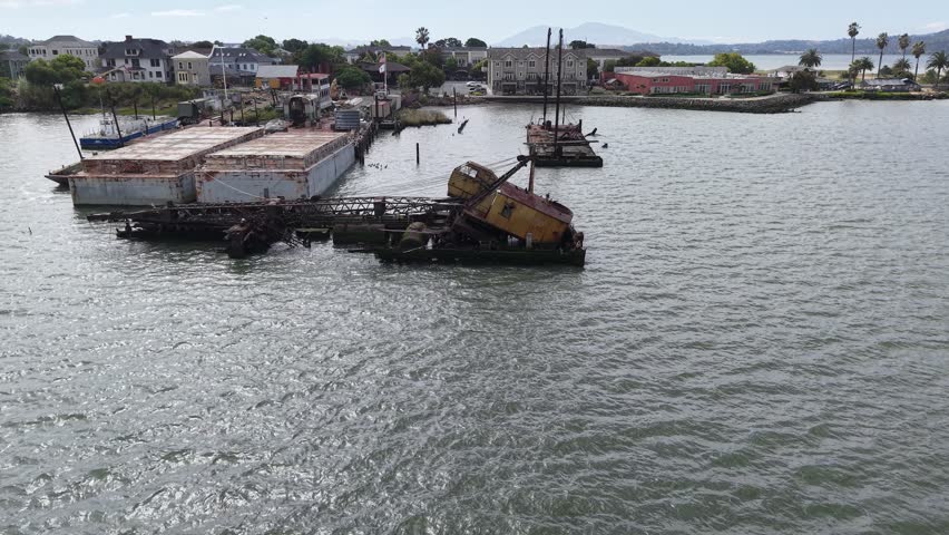 Cinematic aerial drone footage descending and orbiting over a rusted, abandoned crane barge wreck in the shallow tidal water off the Benicia waterfront, California. Corroded steel, a collapsed yellow crane house, and decaying hull plating weather in the Carquinez Strait, with the waterfront town, palms, and Mount Diablo on the sunlit horizon.