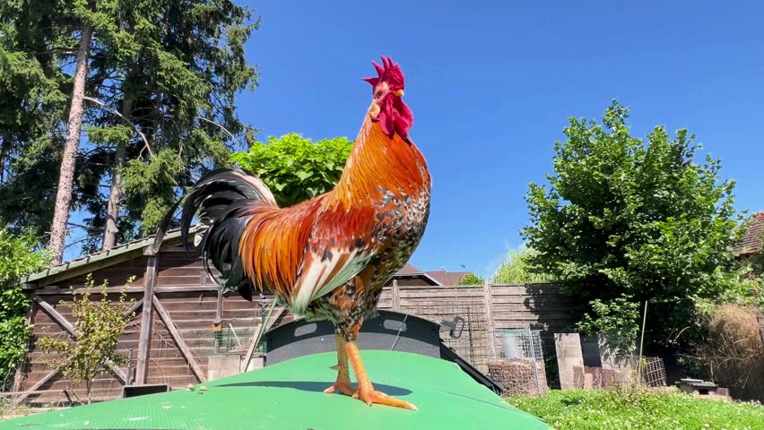 Proud rooster crowing on a house rooftop