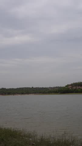 Vertical freshwater lake landscape with grassy shoreline beneath an overcast sky