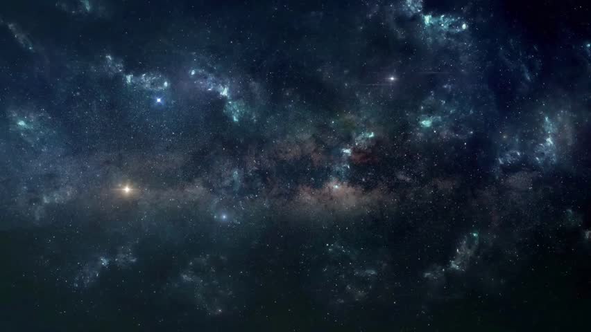Abstract space background animation with glowing stars and blue nebulas. Flight through deep outer space universe galaxy with milky way stardust, cinematic sci-fi motion backdrop.