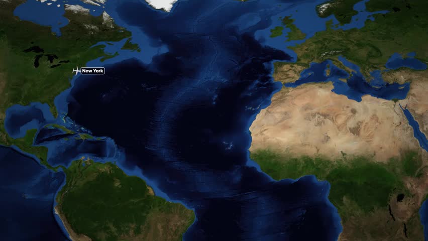 Animated red line traces flight path from New York to Vienna on satellite map