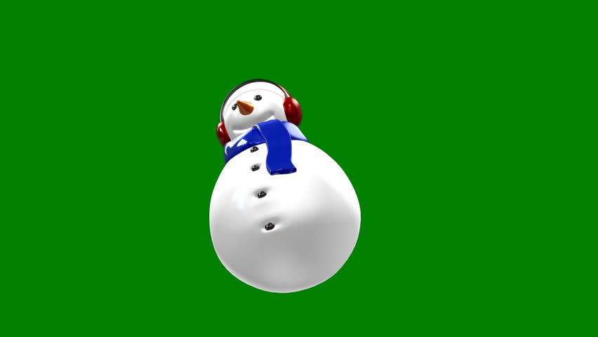 snowman standing front green screen wearing headphones blue scarf background red hat animated chromakey background layers emotioncompositioncartoonish