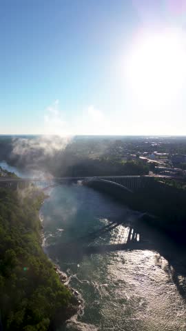 Aerial view of Rainbow Bridge spanning the Niagara River between Canada and the United States. Niagara Falls, Canada - June 13, 2026.