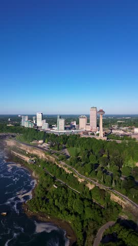 Aerial view of the Niagara Falls skyline and Skylon Tower in Ontario, Canada. Niagara Falls, Canada - June 13, 2026.
