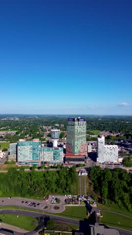 Aerial view of hotels and high-rise buildings near Niagara Falls in Ontario, Canada. Niagara Falls, Canada - June 13, 2026.