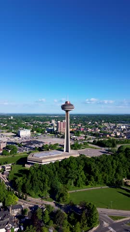 Aerial view of Skylon Tower overlooking Niagara Falls and the surrounding cityscape. Niagara Falls, Canada - June 13, 2026.