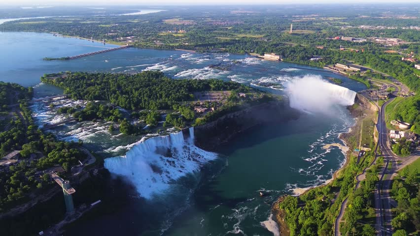 Aerial landscape featuring American Falls, Horseshoe Falls and the Niagara Gorge. Niagara Falls, Canada - June 13, 2026.