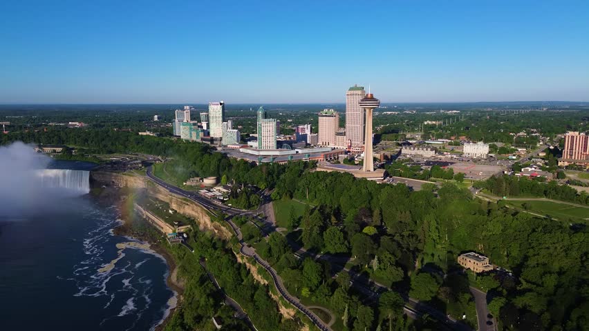 Aerial view of the Niagara Falls skyline and Skylon Tower in Ontario, Canada. Niagara Falls, Canada - June 13, 2026.