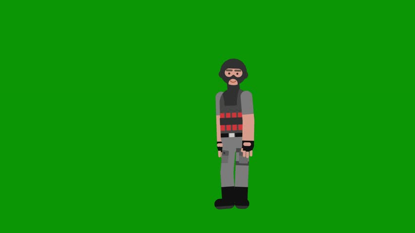 A green screen with cartoon character on it and man gun standing soldier in the middle animated chromakey background illustration colorful depth layers backgrounds design emotion creative