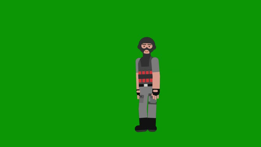 A green screen with soldier in the middle and man soccer ball his hand is kicking on gun cartoon character it animated chromakey background figure style backgrounds motion creative