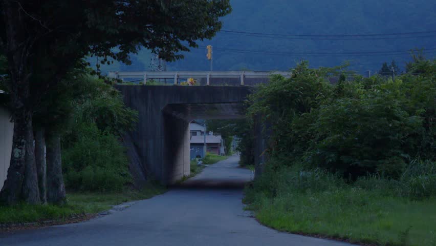 Quiet Road Passing Under A Small Bridge In Hakone, Japan. - wide shot