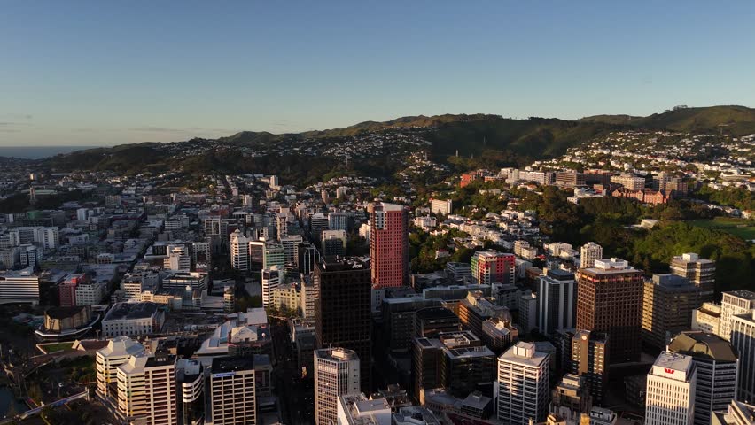 Urban cityscape and modern architecture surrounded by green hills at dawn in Wellington, New Zealand. Aerial drone view, copy space