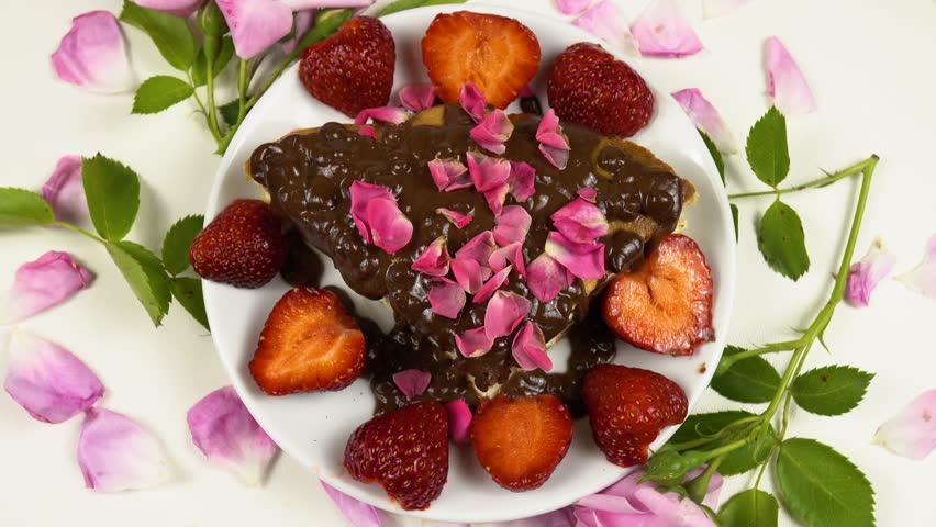 Plate with a piece of a cottage cheese pie with chocolate icing, rose petals and fresh strawberries sits on a white table, among roses and petals, top view