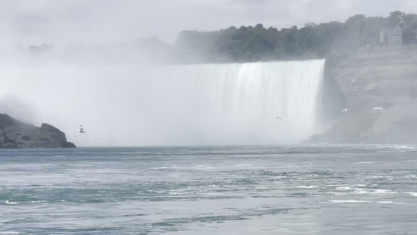 Beautiful view on the Niagara Falls and the Niagara River. Canada. Large waterfall flows over rocky cliffs, creating mist and splashes in the river below, surrounded by lush greenery and a clear sky