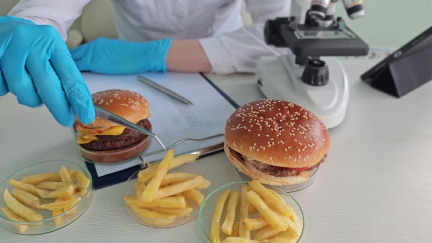 A person in gloves places cheese on a hamburger and fries. The food is set on a table in a lab. A microscope is nearby for detailed examination. This shows food analysis work.