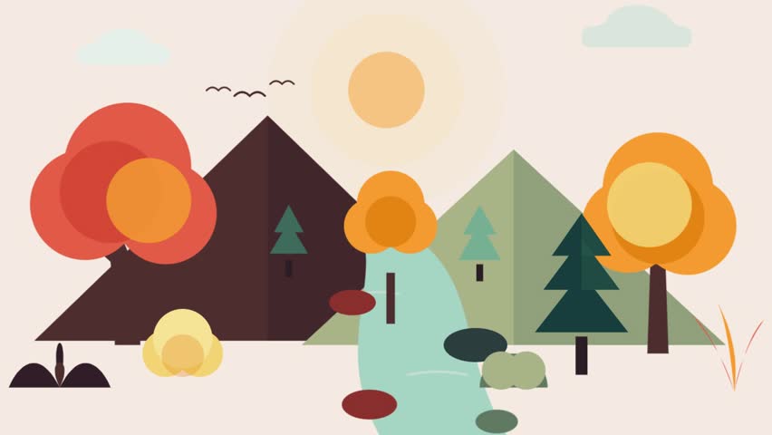 Flat vector animation of a scenic autumn forest with mountains and a winding river under a bright sun as leaves fall.
