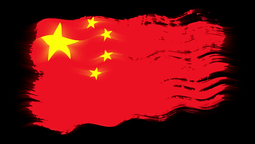 Waving torn China flag grunge brush burn light leaks, transparent background alpha channel loop full HD