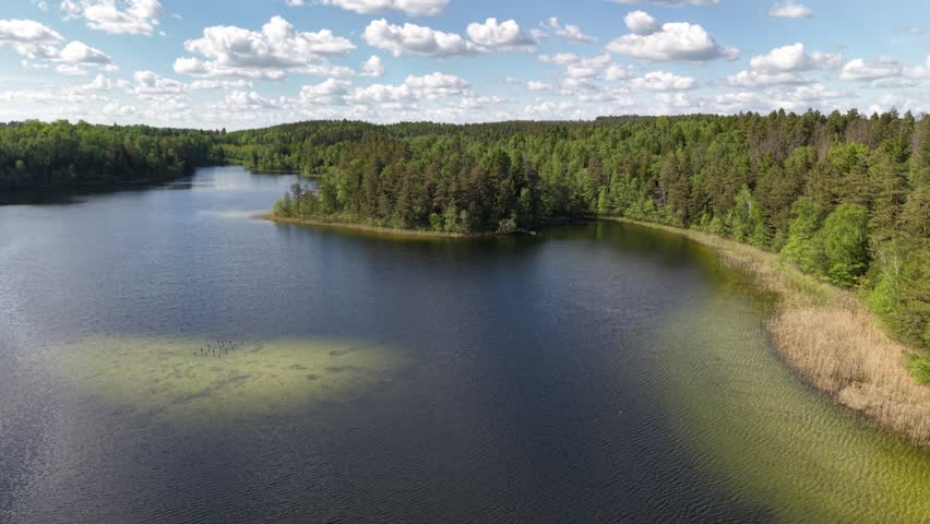 Drone reveals a tree-covered peninsula on Lake Baltelis under dramatic cumulus cloud sky.