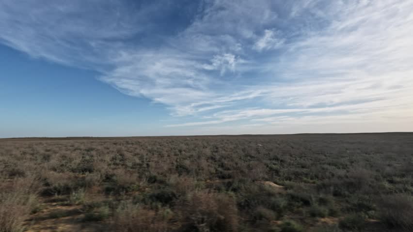 Continuous panoramic view of expansive grassland under a blue sky with clouds, showcasing the natural beauty of the landscape