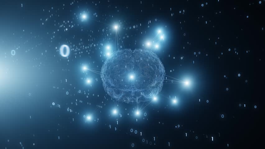 Futuristic digital human brain with binary code loop animation.